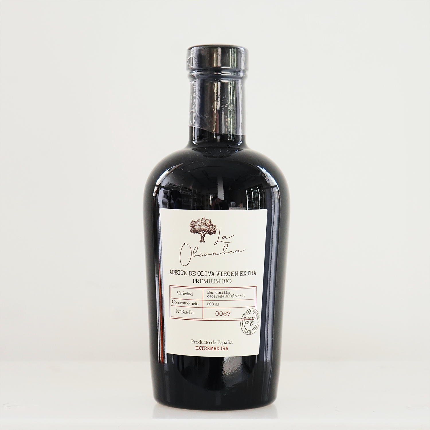 Botella de cristal de aceite de oliva ecológico  virgen extra variedad 100%Manzanilla Cacereña