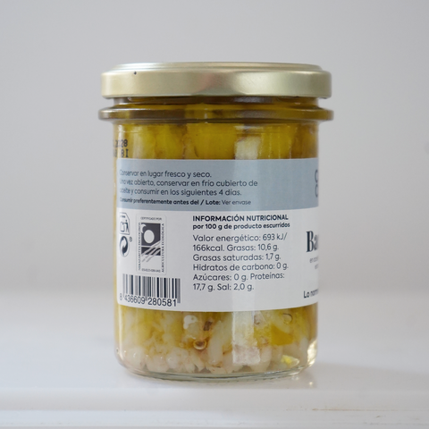 Reverso tarro de cristal con bacalao en aceite de oliva virgen extra ecológico