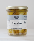 Tarro de cristal con bacalao en aceite de oliva virgen extra ecológico