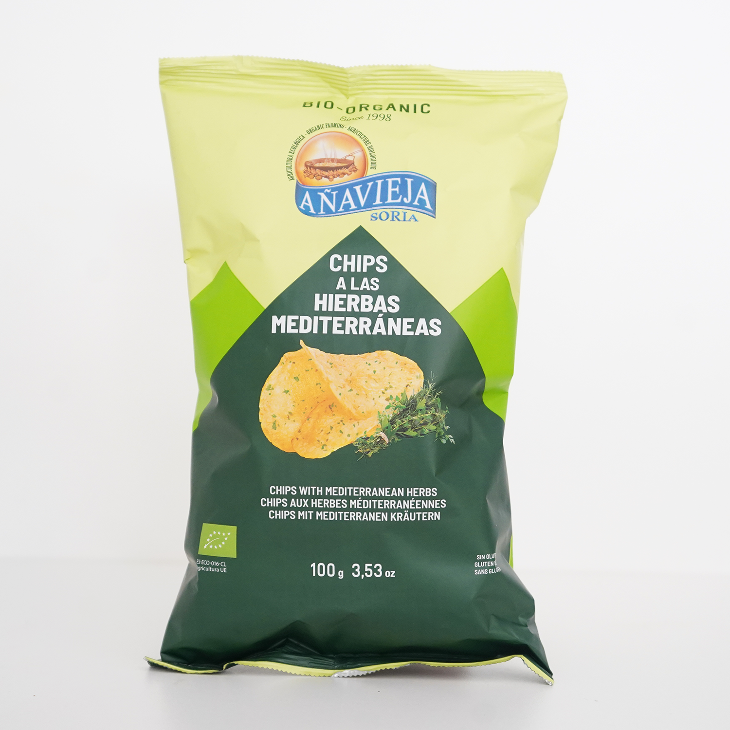 Bolsa de patatas fritas ecológicas a las hierbas mediterráneas