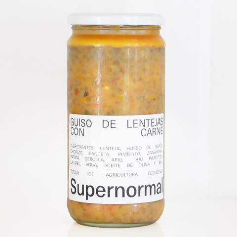 Tarro de cristal guiso de lentejas con carne ecológico