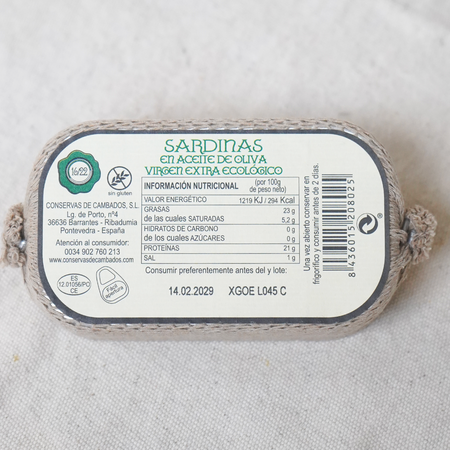 Reverso lata de sardinas en aceite de oliva ecológico
