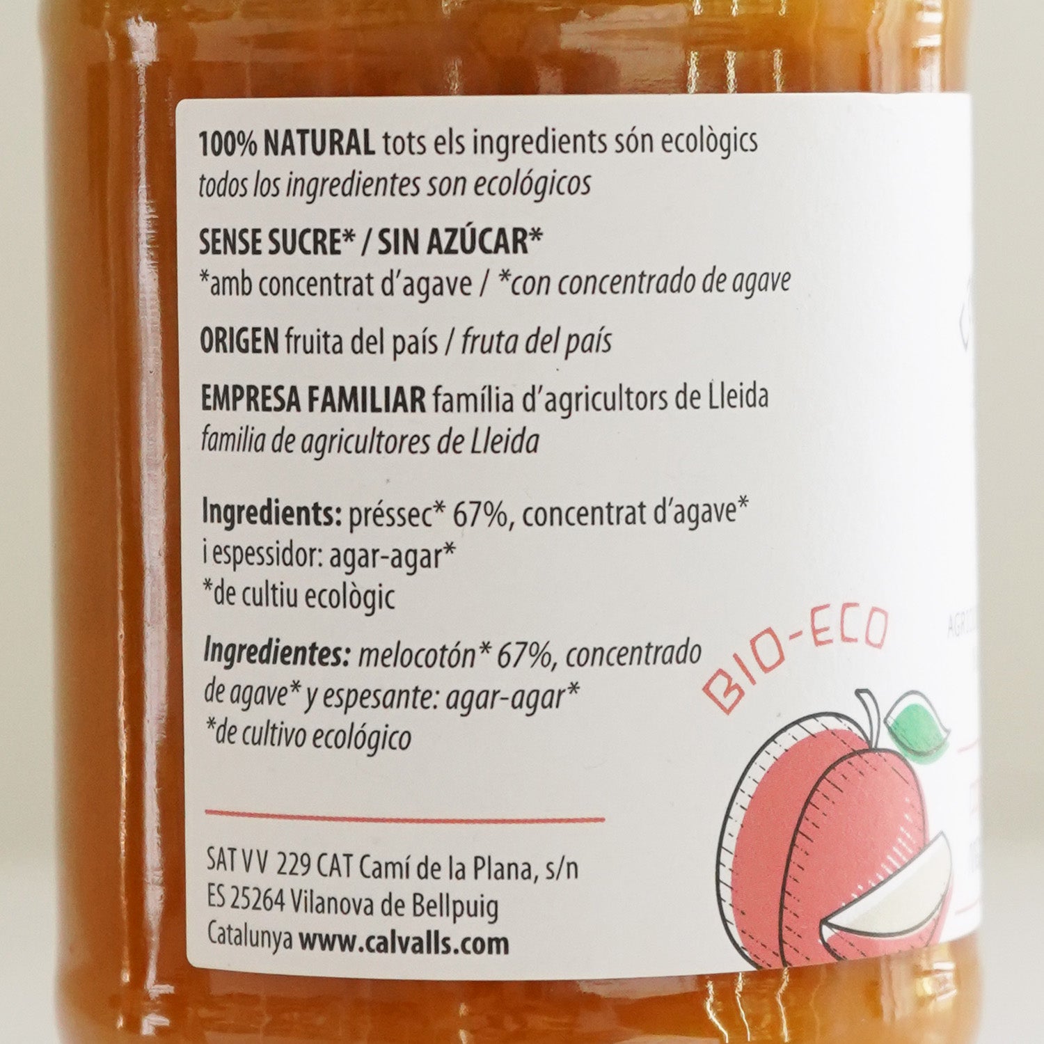 Detalle etiqueta de ingredientes mermelada de melocotón ecológica